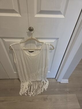 POL Cream Fringed Sleeveless Top